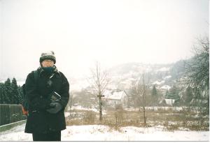 Me in the snow while working in the hills of Budapest